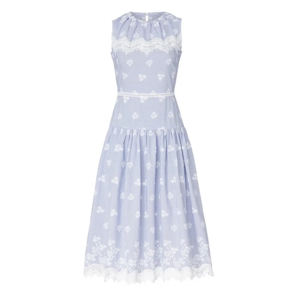 Monique Lhuillier Blue Sleeveless Embroidered Lace Poplin Midi Dress Size 14 - Picture 3 of 16
